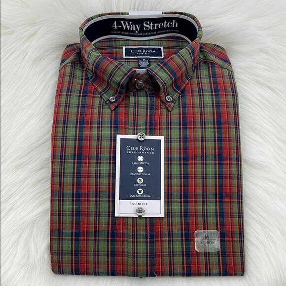Club Room Performance Slim Fit Long Sleeve - Green/Red Plaid - Medium - NWT - Picture 1 of 4